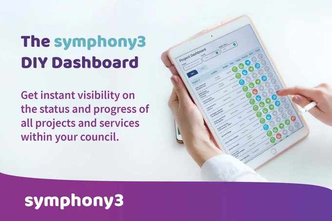Photo of someone using the symphony3 dashboard on an ipad with the purple and white symphony3 logo. Text reads: The symphony3 DIY Dashboard. Get instant visibility on the status and progress of all projects and services within your council.