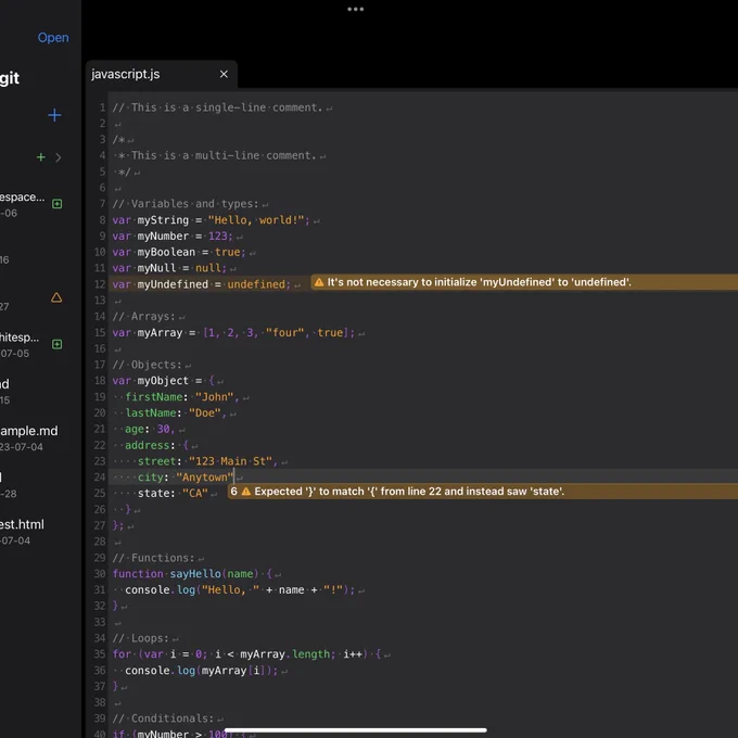 A screenshot of WebForge, a web development IDE for iPad and iPhone. This screenshot illustrates support for JavaScript file linting using JSHint. A JavaScript file is open in the code editor and two warnings are visible The warnings appear next to the line of code that triggered them.
