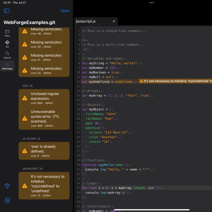 A screenshot of WebForge, a web development IDE for iPad and iPhone. This screenshot illustrates support for JavaScript file linting using JSHint. WebForge's "Warnings" panel is visible. This panel shows a number of warnings on different files, illustrating that a project-wide view of potential code issues is possible.