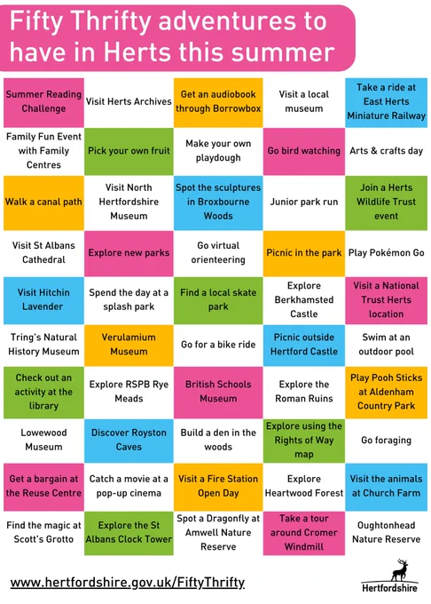 Fifty Thrifty summer adventures grid - full list can be found at www.hertfordshire.gov.uk/fiftythrifty