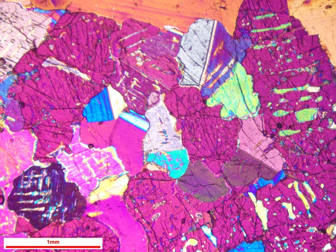 Thin section of a gabbro, using a sensitive tint plate. Shows interlocking mineral grains, many of which appear various shades of pink. Field of view is approx. 3.5 mm wide.
