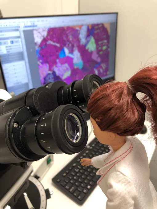 A Barbie is looking down the eyepiece of a polarising microscope. She has her auburn hair tied back and is wearing a white lab coat. In the background, an image of the thin section she is looking at appears on a computer screen. It is very pink. 