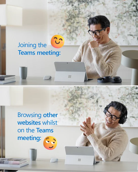 A dual image of a man joining an MS Teams meeting, and the same man doing online shopping during said meeting.