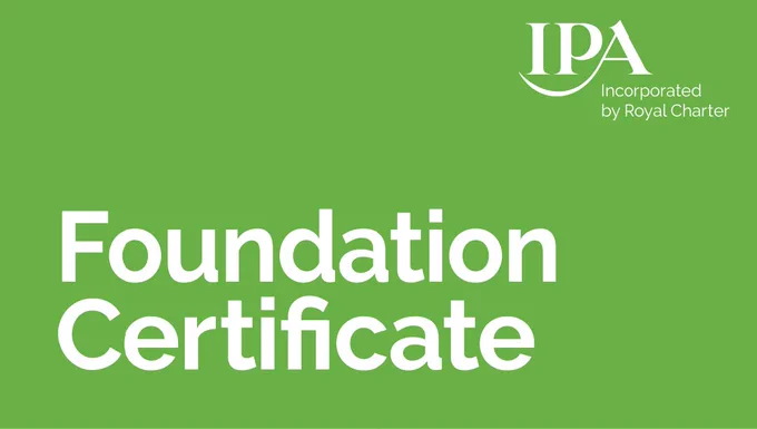 A flat green background with "Foundation Certificate" written on top and the IPA logo on the upper right corner.