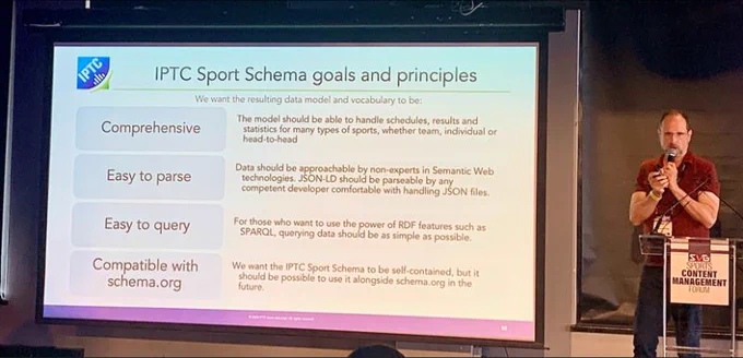 Paul Kelly, lead of the IPTC Sports Content Working Group, presenting IPTC's new sports data project IPTC Sport Schema at the SVG Content Management Forum in New York, July 2023.