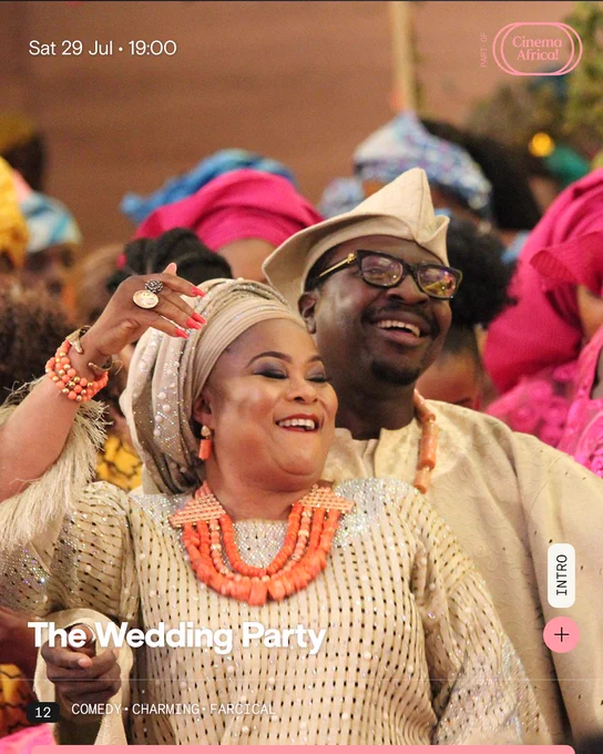 Poster graphic for the Wedding Party, showing a man and woman smiling and dancing together, with crowds behind them. 