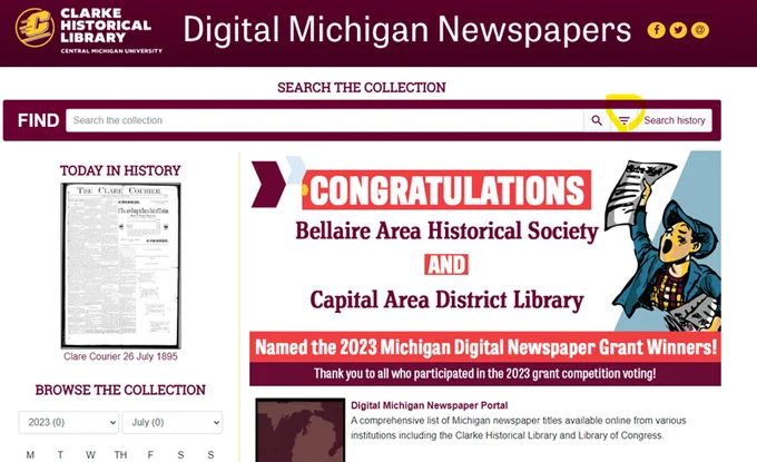 A screen shot of Central Michigan University's Digital Michigan Newspapers portal home page, with the icon for filtering searches highlighted in yellow