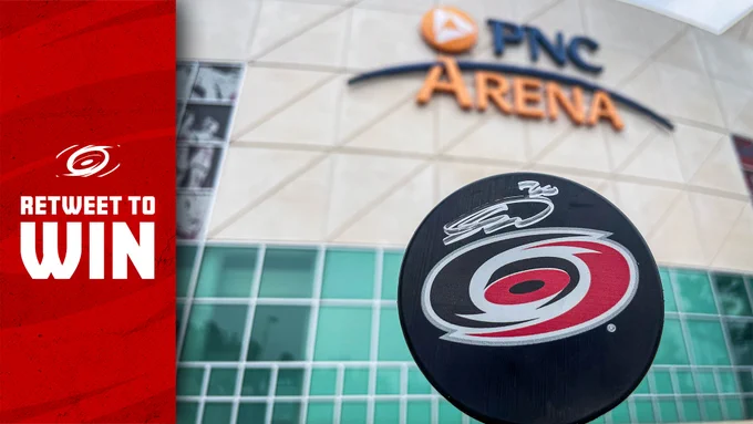 Graphic announcing a RT to win for a signed Sebastian Aho puck