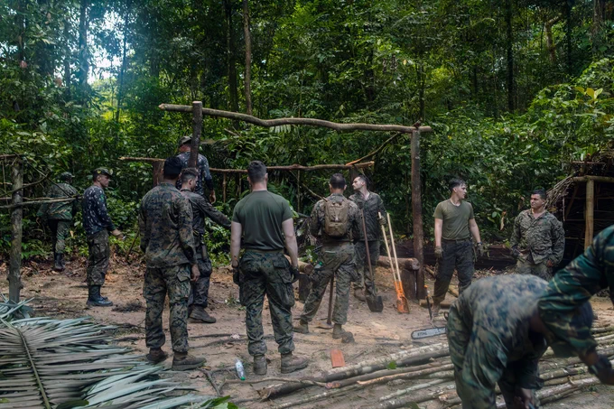 U.S. Marines with Fox Company, 2nd Battalion, 25th Marine Regiment, 4th Marine Division, Marine Forces Reserve, and military members from Guyana Defence Force, create a shelter in Jungle Amphibious Training School during Tradewinds 2023 at Jungle Area Training Site, Guyana, July 22, 2023. (U.S. Marine Corps photo by. Cpl. Ryan Schmid)