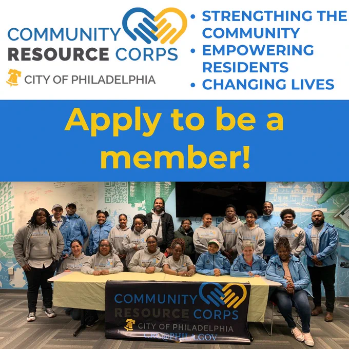 Image description: graphic with a photo in the bottom half. The photo is of Community Resource Corps members wearing branded clothing and sitting or standing behind a table with a CRC branded table cloth. The top half of the graphic has the Community Resource Corps logo and text that reads, "Strengthening the Community, empowering residents, changing lives."