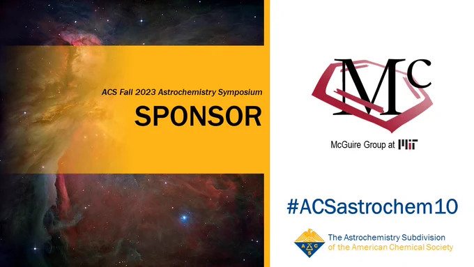 Black text reading "ACS Fall 2023 Astrochemistry Symposium SPONSOR" on left in yellow box in front of Orion Nebula image. On the right, the sponsor's logo, "#ACSastrochem10", and the ACS logo accompanied by "The Astrochemistry Subdivision of the American Chemical Society"