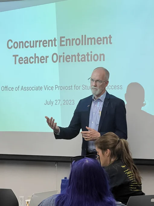 Provost Heavey speaks to concurrent enrollment instructors.