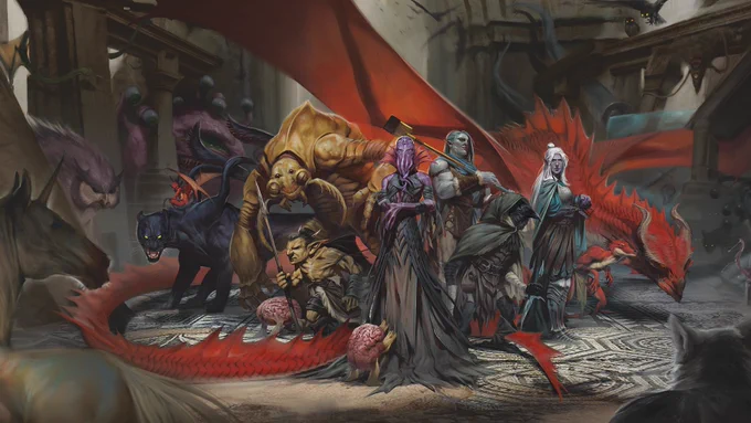 Several of the most iconic creatures from Dungeons & Dragons gather in a dungeon. Among them can be seen an owlbear, beholder, displacer beast, mind flayer, intellect devourer, drow, kobold, goblin and many more.