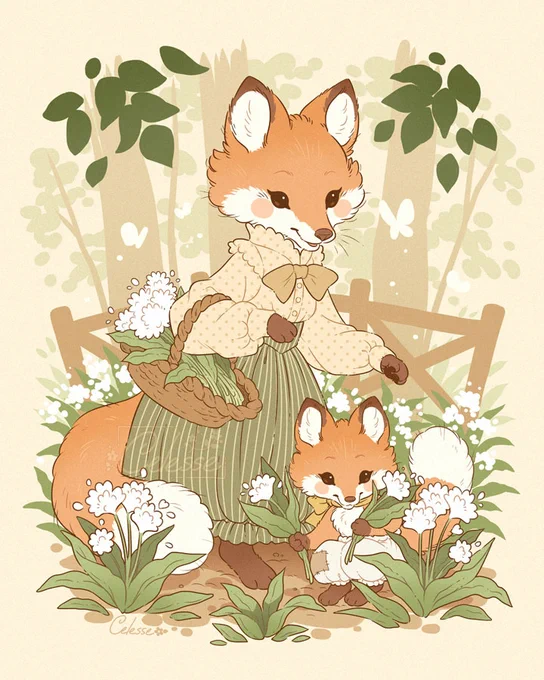 A vintage style illustration of an anthro mother fox wearing an old-fashioned dress and blouse, holding a basket on her arm and teaching her kit how to forage for wild garlic in the forest