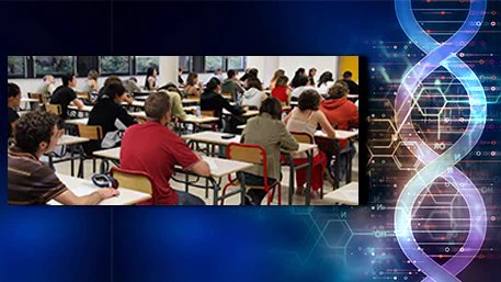 A classroom with a double helix