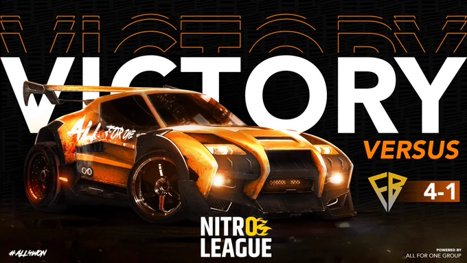 Die oberere Hälfte des Bildes ziert die Schrift Victory. Davor im Vordergrund ist ein Rocket League Auto in Orange und rechts ist das Logo des Gegners Flyback Esports. A41G hat das Spiel in der Nitro League mit 4-1 gewonnen.