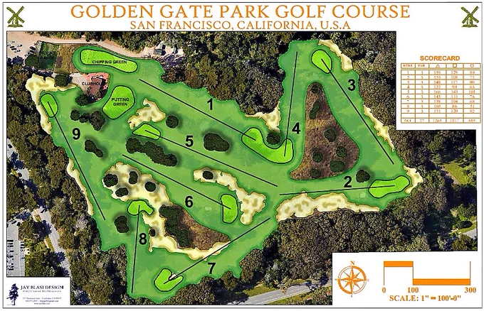 Jay Blasi designed routing map for the renovated Golden Gate Park Golf Course in San Francisco. 