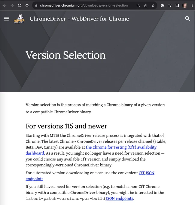 https://chromedriver.chromium.org/downloads/version-selection

For versions 115 and newer
Starting with M115 the ChromeDriver release process is integrated with that of Chrome. The latest Chrome   ChromeDriver releases per release channel (Stable, Beta, Dev, Canary) are available at the Chrome for Testing (CfT) availability dashboard. As a result, you might no longer have a need for version selection — you could choose any available CfT version and simply download the correspondingly-versioned ChromeDriver binary.

For automated version downloading one can use the convenient CfT JSON endpoints.

If you still have a need for version selection (e.g. to match a non-CfT Chrome binary with a compatible ChromeDriver binary), you might be interested in the latest-patch-versions-per-build JSON endpoints.