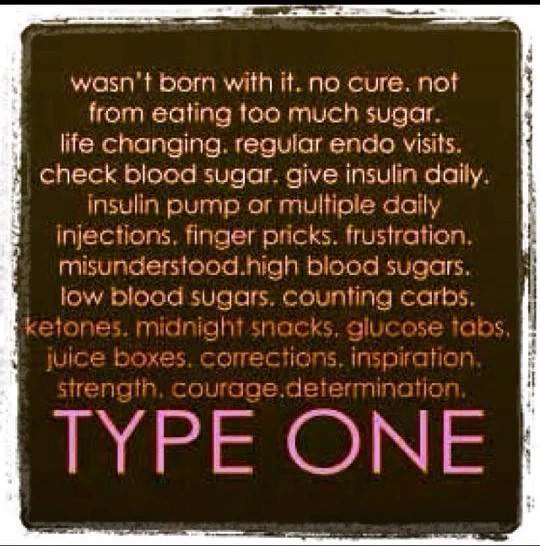 wasn't born with it. no cure. not from eating too much sugar. life changing. regular endo visits. check blood sugar. give insulin daily. insulin pump or multiple daily injections. finger pricks. frustration. misunderstood. high blood sugars. low blood sugars. counting carbs. ketones. midnight snacks. glucose tabs. juice boxes. corrections. inspiration. strength. courage. determination. TYPE ONE