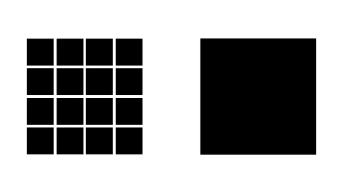 16 black squares are visible on the left with one big black square on the right.