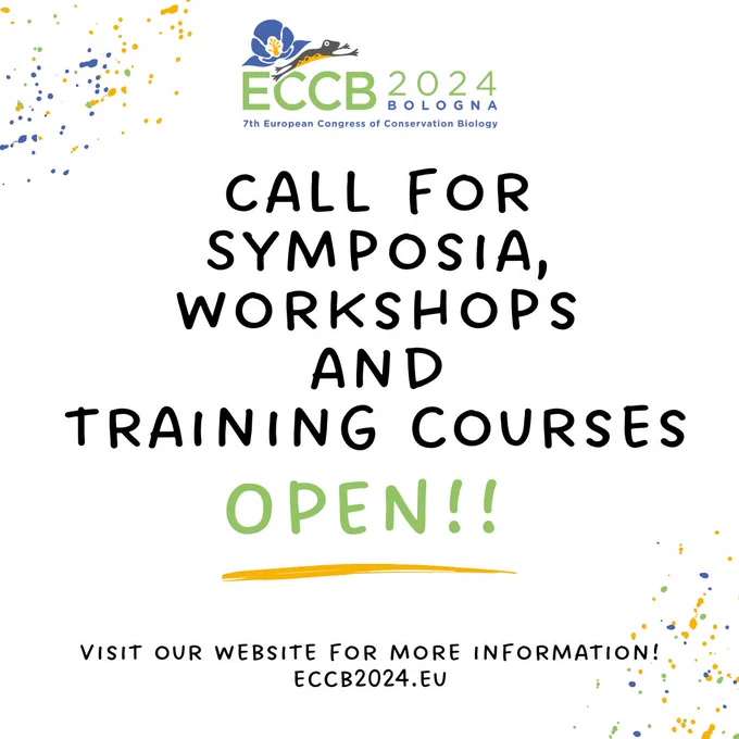 The logo of ECCB 2024 is on top. In the centre, the writing "Call for symposia, workshops and training courses open!!". At the bottom "visit our website for more information! eccb2024.eu"