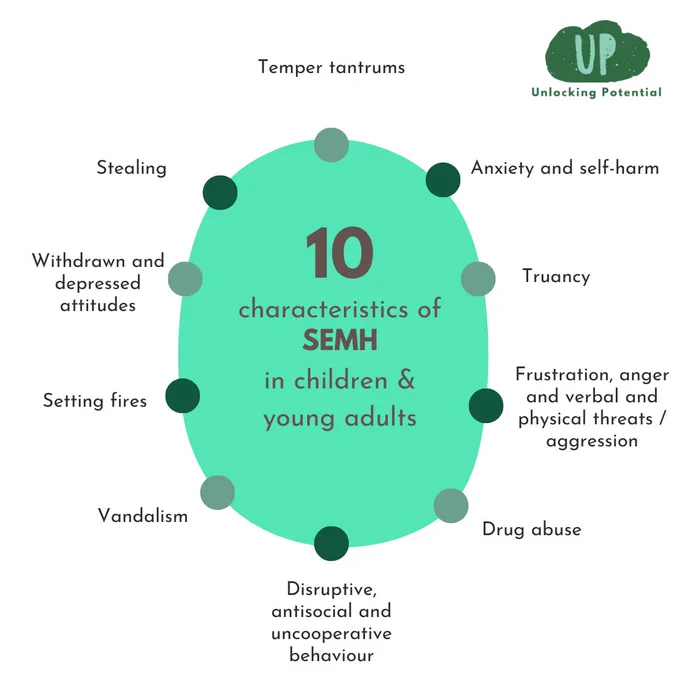 A visually appealing and informative post featuring 10 characteristics of children with Social, Emotional, and Mental Health (SEMH) needs.