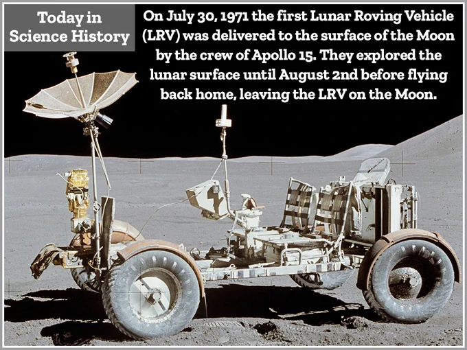 On July 30, 1971 the first Lunar Roving Vehicle (LRV) was delivered to the surface of the Moon by the crew of Apollo 15. They explored the lunar surface until August 2nd before flying back home, leaving the LRV on the Moon.