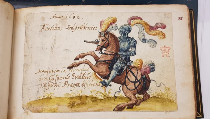 Colourful drawing of a knight on horseback in an entry dated 1602 in the friendship album of Dr John Hasfurt, Harley MS 933, f. 24
