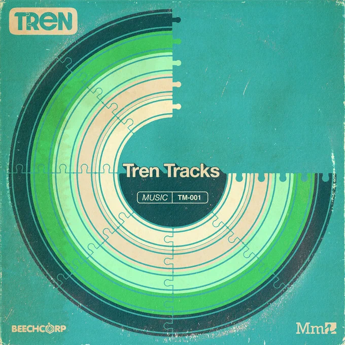 Album art for Tren Tracks, the soundtrack for the Media Molecule original game Tren. The album releases August 4th, 2023. The art features multi-coloured toy train tracks with the words Tren Tracks in the middle.