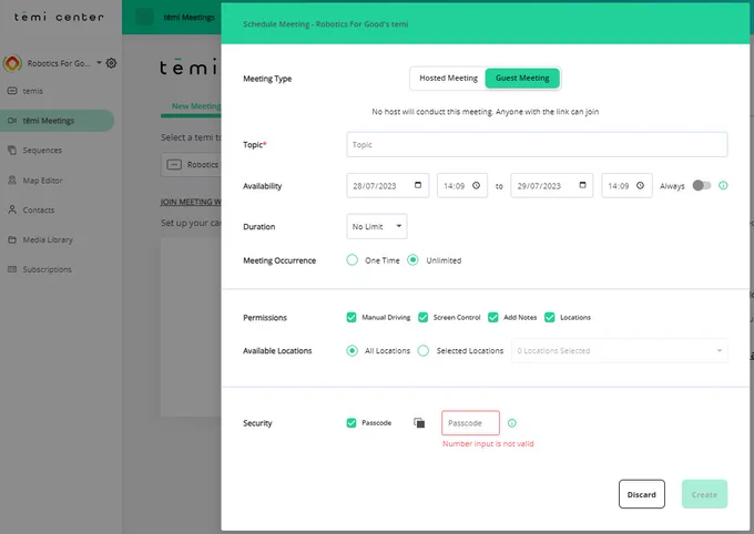 Image from temi center showing the new options for setting up meetings
