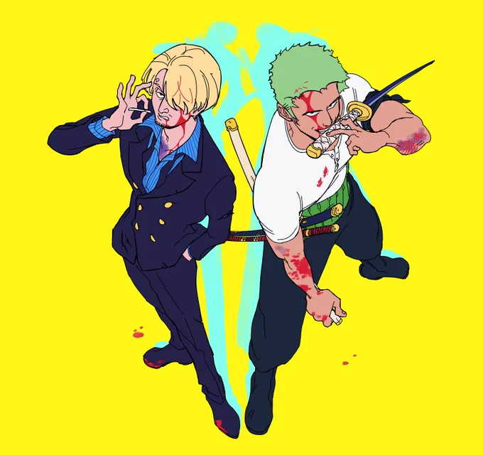 Brightly coloured fanart of Sanji and Zoro from One Piece against a yellow backdrop casting abstract blue shadows. They both look a bit beat up and bloody, especially from their heads under their hair, though it also appears some of the blood on them isn't their own. They are standing in somewhat mirrored poses, side-to-side or back-to-back, Sanji with his left hand in his pocket and his right hand raising a cigarette to his mouth, while Zoro stands holding one of his katana's scabbards in his right hand and raises its hilt to his mouth. Sanji looks pissed off while Zoro is smirking. They are both looking directly up at the viewer from a forced perspective down.