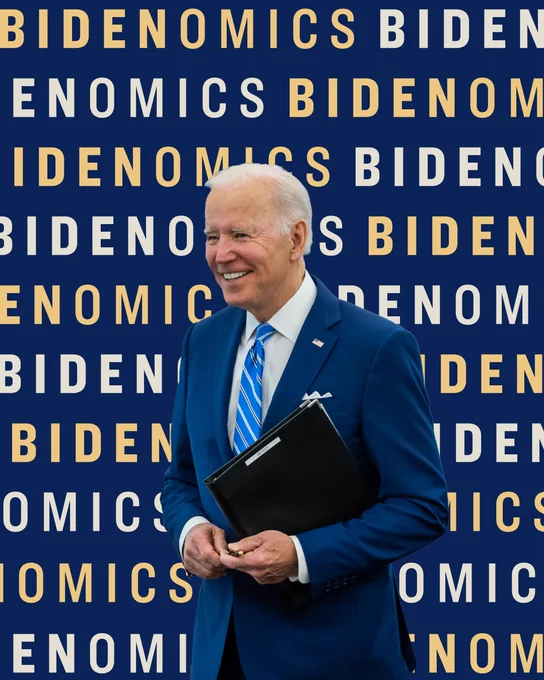 President Biden appears in front of a graphic that reads: "Bidenomics"
