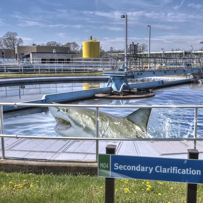 A photoshopped image of a great white shark in a clarification basin at a wastewater treatment plant.