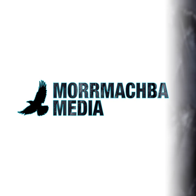 new morrmachba logo with crow logo. Text in capitals.. Text and crow silhouette have blue strokes