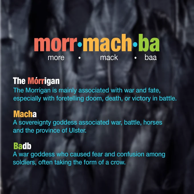 blue text on crow feather blurred background:how to say morrmachba more-mack-baa. The Mórrigan The Morrígan is mainly associated with war and fate,  especially with foretelling doom, death, or victory in battle.  Macha A sovereignty goddess associated war, battle, horses and the province of Ulster.  Badb A war goddess who caused fear and confusion among  soldiers, often taking the form of a crow.