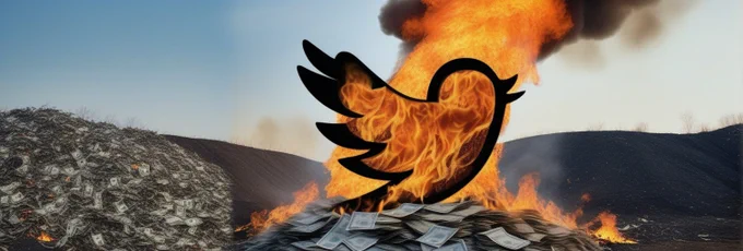 A Twitter logo sat aflame in a pile of burning money (Stable Diffusion XL)