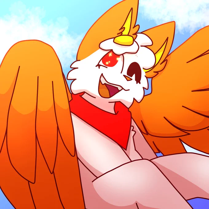 Silvo, a mostly white plush cat with orange wings, ears, and a red bandanna with matching red eyes. They also have a fake egg hat.
They're smiling and winking while looking up, their wings spread out.