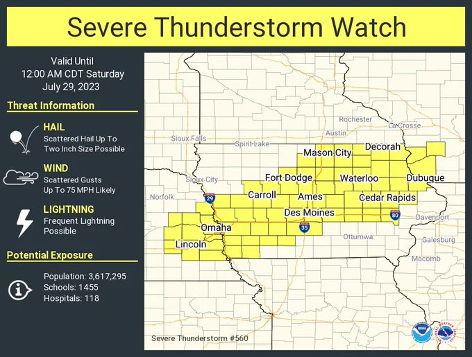 This graphic displays Severe Thunderstorm watch number 560 plotted on a map. The watch is in effect until 12:00 AM CDT. The watch includes parts of Iowa, Nebraska and Wisconsin. The threats associated with this watch are no tornadoes expected, scattered hail up to two inch size possible and scattered gusts up to 75 mph likely. There are 3,617,295 people in the watch along with 1455 schools and 118 hospitals.