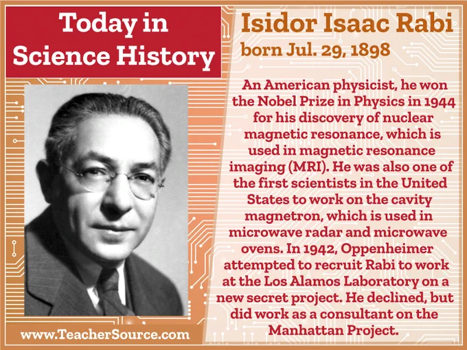 Isidor Isaac Rabi was born on July 29, 1898. An American physicist, he won the Nobel Prize in Physics in 1944 for his discovery of nuclear magnetic resonance, which is used in magnetic resonance imaging (MRI). He was also one of the first scientists in the United States to work on the cavity magnetron, which is used in microwave radar and microwave ovens. In 1942, Oppenheimer attempted to recruit Rabi to work at the Los Alamos Laboratory on a new secret project. He declined, but did work as a consultant on the Manhattan Project.