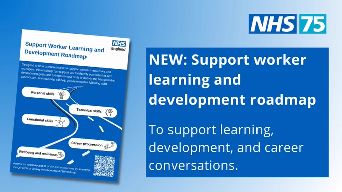 NHS logo and the text: NEW: Support worker learning and development roadmap.  To support learning, development, and career conversations.