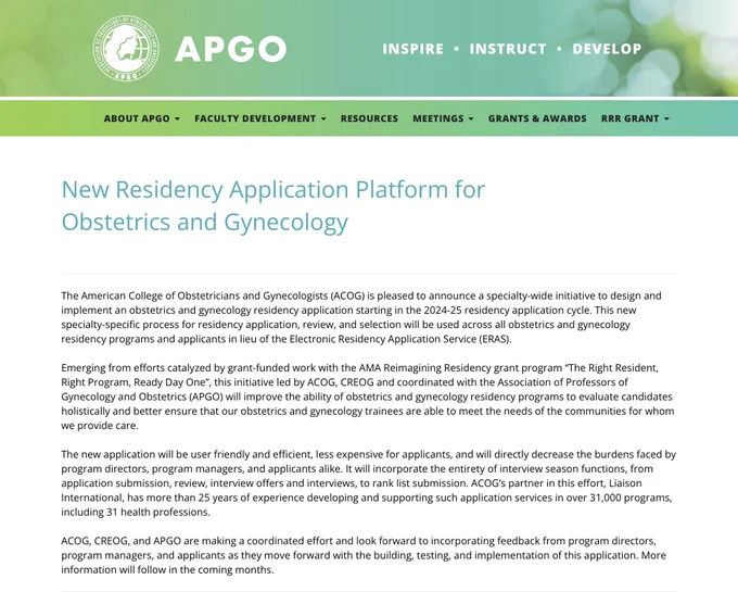 Screenshot from the APGO website, announcing new residency application platform for OBGYN.