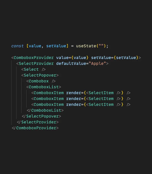 The following code:

const [value, setValue] = useState("");

<ComboboxProvider value={value} setValue={setValue}>
  <SelectProvider defaultValue="Apple">
    <Select />
    <SelectPopover>
      <Combobox />
      <ComboboxList>
        <ComboboxItem render={<SelectItem />} />
        <ComboboxItem render={<SelectItem />} />
        <ComboboxItem render={<SelectItem />} />
      </ComboboxList>
    </SelectPopover>
  </SelectProvider>
</ComboboxProvider>