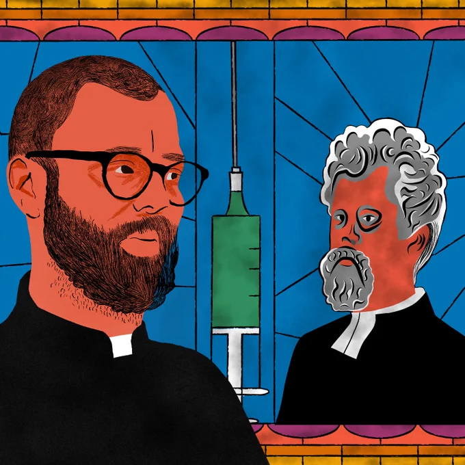 An illustration of a stained glass window with the modern-day Pastor Robin Lutjohann depicted on the left, a giant syringe in the middle, and a depiction of 1900s Pastor Henning Jacobson on the right.