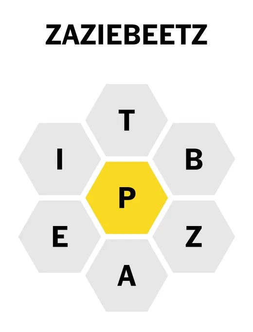 Today's NYT Spelling Bee grid (mandatory center letter P with outside letters I T B Z A E) with the obviously wrong guess ZAZIEBEETZ typed out.