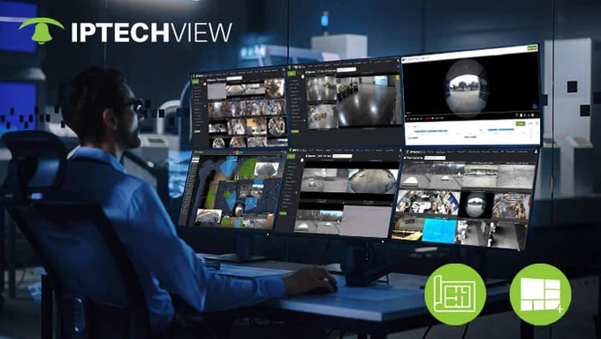Profesional workstation with six monitors for cloud video surveillance and remote monitoring and maintenance of business security cameras