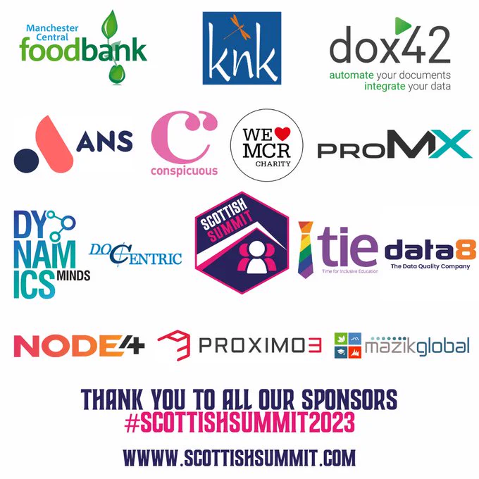 An image with a white background, the Scottish Summit logo in the middle and the hashtag #ScottishSummit2023

The Scottish Summit logo is surrounded by sponsors
Manchester Foodbank
KNK
dox42
ANS
Conspicuous
WeLoveManchester
proMX
DynamicsMinds
Docentric
Tie
data8
NODE4
Proximo 3
Mazik Global