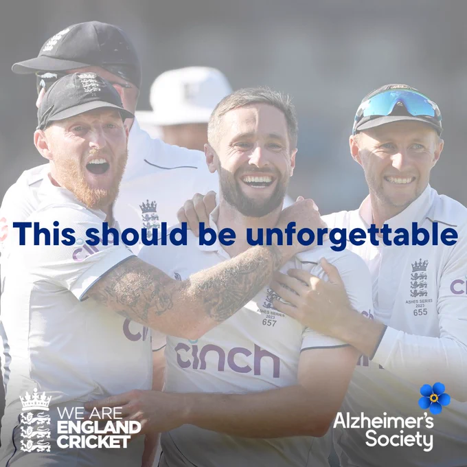A photo of England cricketers, Ben Stokes, Chris Woakes, and Joe Root, celebrating during the Ashes Test Series 2023. 