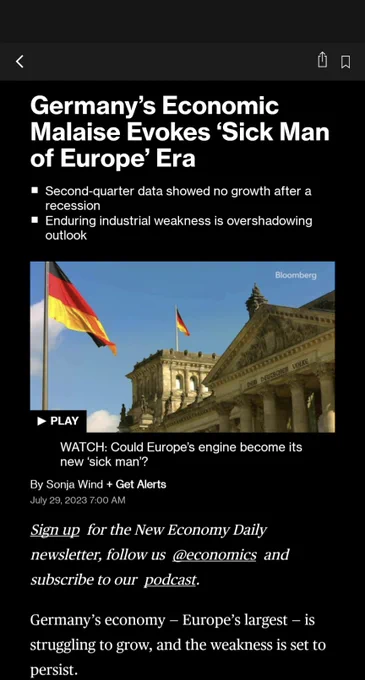 Germany’s Economic Malaise Evokes ‘Sick Man of Europe’ Era  https://www.bloomberg.com/news/articles/2023-07-29/germany-s-near-recession-isn-t-its-only-economic-problem