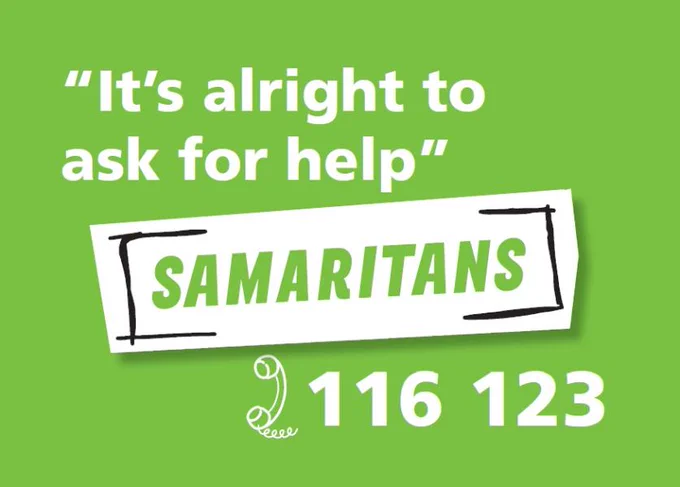 Samaritans image with the text, It's ok to ask for help. Samaritans 116 123