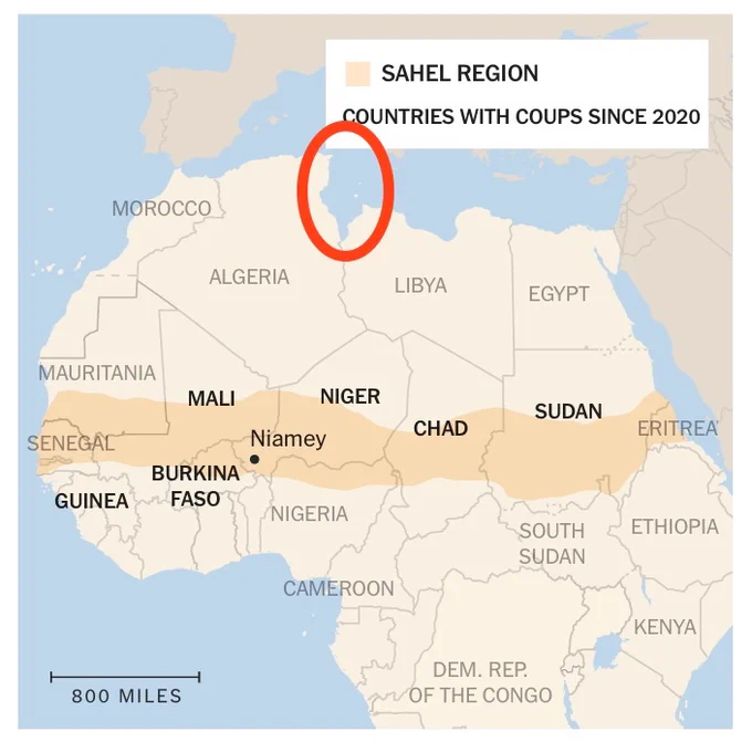 A map of Africa published online by the New York Times on 2023-07-29. The country of Tunisia has been replaced on the map by a new arm of the Mediterranean Sea.